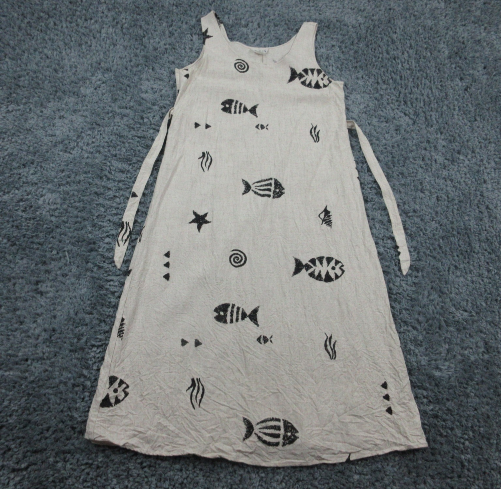 Connie Choi Dress Womens Medium Beige Black Fish Print Linen Tank Maxi Made USA